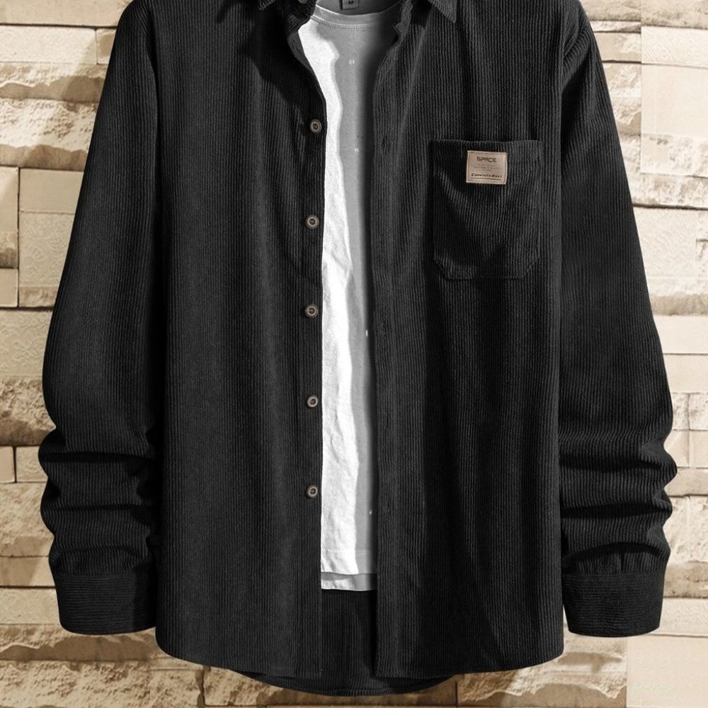 Casual Black Corduroy Men's Solid Shirt - Picture 2 of 9